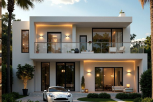 A modern high-rise apartment with floor-to-ceiling windows, smart home features, and a private balcony